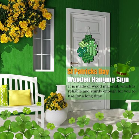 St Patrick's Day Front Door Sign Wooden Shamrocks Plaque Wreath Ornament Irish Hanging Welcome Board Spring Home Wall Green Lucky Shamrock Truck Decoration (Plaid Shamrock,13 x 9.3 Inch) in Saudi Arabia