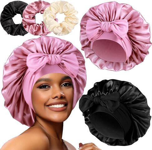 2+3 Large Satin Bonnets with Scrunchies for Women, Hair Bonnet Sleeping Tie Bonnet for Braids Curly Hair in Kuwait