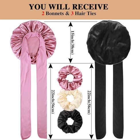2+3 Large Satin Bonnets with Scrunchies for Women, Hair Bonnet Sleeping Tie Bonnet for Braids Curly Hair in Kuwait