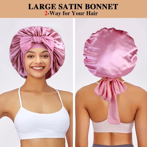 2+3 Large Satin Bonnets with Scrunchies for Women, Hair Bonnet Sleeping Tie Bonnet for Braids Curly Hair in Kuwait