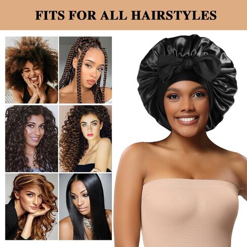 2+3 Large Satin Bonnets with Scrunchies for Women, Hair Bonnet Sleeping Tie Bonnet for Braids Curly Hair in Kuwait