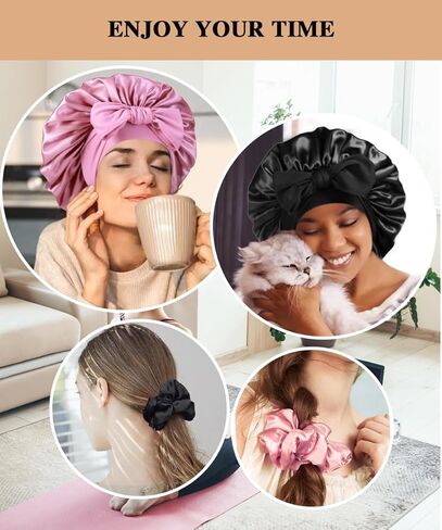 2+3 Large Satin Bonnets with Scrunchies for Women, Hair Bonnet Sleeping Tie Bonnet for Braids Curly Hair in Kuwait