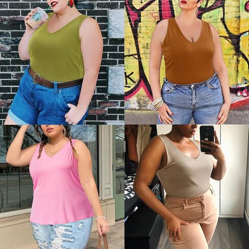 قمصان علوية بدون أكمام للسيدات بمقاسات كبيرة ورقبة على شكل V وقمصان صيفية متماسكة مضلعة بدون أكمام وقمصان أساسية بمقاس نحيف in Kuwait