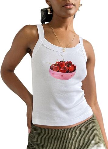 Women Y2k Graphic Tank Tops Sleeveless Cute Fruit Print Slim Fit Crop Top Vintage Aesthetic 90s Summer Tops in Saudi Arabia