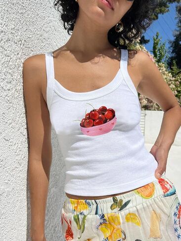 Women Y2k Graphic Tank Tops Sleeveless Cute Fruit Print Slim Fit Crop Top Vintage Aesthetic 90s Summer Tops in Saudi Arabia