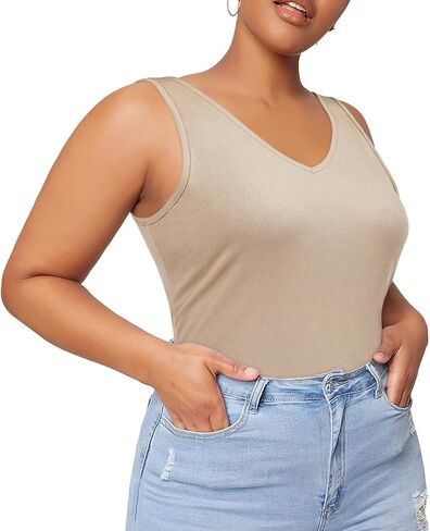 قمصان علوية بدون أكمام للسيدات بمقاسات كبيرة ورقبة على شكل V وقمصان صيفية متماسكة مضلعة بدون أكمام وقمصان أساسية بمقاس نحيف in Kuwait