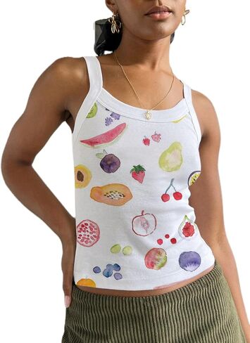 Women Y2k Graphic Tank Tops Sleeveless Cute Fruit Print Slim Fit Crop Top Vintage Aesthetic 90s Summer Tops in Saudi Arabia