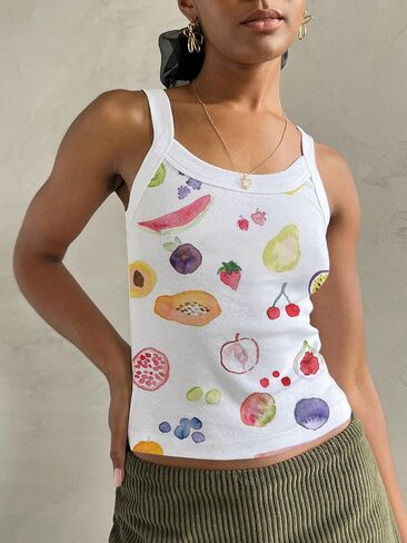 Women Y2k Graphic Tank Tops Sleeveless Cute Fruit Print Slim Fit Crop Top Vintage Aesthetic 90s Summer Tops in Saudi Arabia