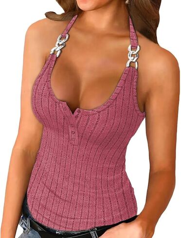 Womens Rib Knit Button Tank Tops Summer Sleeveless Casual Fashion Basic Solid Shirts in Saudi Arabia
