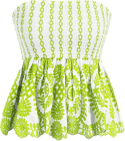 WDIRARA Women's Graphic Print Flared Hem Ruffle Shirred Bandeau Tops Strapless Sleeveless Boho Tube in Saudi Arabia