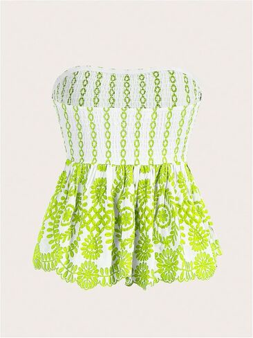 WDIRARA Women's Graphic Print Flared Hem Ruffle Shirred Bandeau Tops Strapless Sleeveless Boho Tube in Saudi Arabia