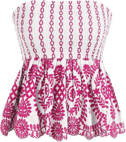 WDIRARA Women's Graphic Print Flared Hem Ruffle Shirred Bandeau Tops Strapless Sleeveless Boho Tube in Saudi Arabia