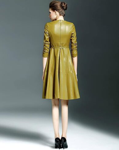 LAI MENG FIVE CATS Womens Faux Leather Fashion Bodycon A-line Midi Dress with Belted in Saudi Arabia