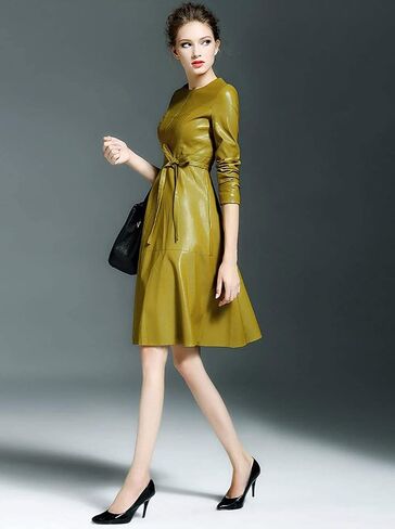 LAI MENG FIVE CATS Womens Faux Leather Fashion Bodycon A-line Midi Dress with Belted in Saudi Arabia