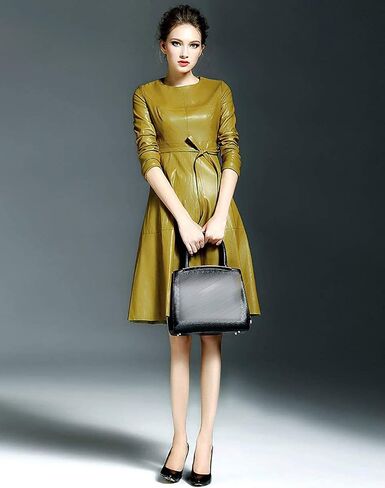 LAI MENG FIVE CATS Womens Faux Leather Fashion Bodycon A-line Midi Dress with Belted in Saudi Arabia