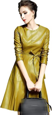LAI MENG FIVE CATS Womens Faux Leather Fashion Bodycon A-line Midi Dress with Belted in Saudi Arabia