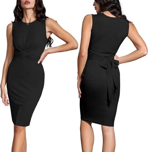 Women Bodycon Midi Dress Crewneck Sleeveless Casual Tie Waist Summer Party Club Tank Dresses in Saudi Arabia