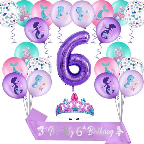 Mermaid 6th Birthday Decorations for Girls, Purple Glitter Mermaid Crown and Mermaid Sash, 20pcs Colorful Mermaid Balloons and Number 6th Birthday Foil Balloons for Girls Birthday Favors in Saudi Arabia