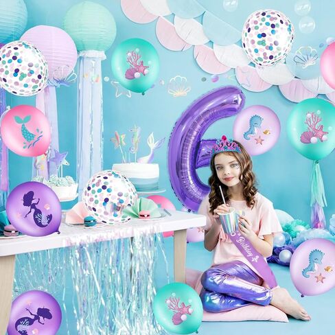 Mermaid 6th Birthday Decorations for Girls, Purple Glitter Mermaid Crown and Mermaid Sash, 20pcs Colorful Mermaid Balloons and Number 6th Birthday Foil Balloons for Girls Birthday Favors in Saudi Arabia