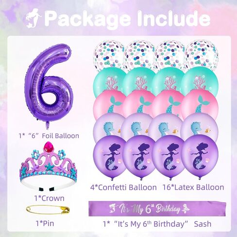 Mermaid 6th Birthday Decorations for Girls, Purple Glitter Mermaid Crown and Mermaid Sash, 20pcs Colorful Mermaid Balloons and Number 6th Birthday Foil Balloons for Girls Birthday Favors in Saudi Arabia