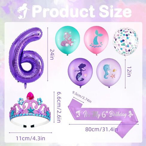 Mermaid 6th Birthday Decorations for Girls, Purple Glitter Mermaid Crown and Mermaid Sash, 20pcs Colorful Mermaid Balloons and Number 6th Birthday Foil Balloons for Girls Birthday Favors in Saudi Arabia