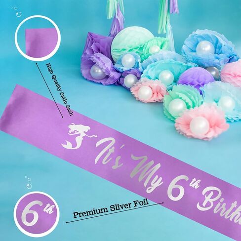 Mermaid 6th Birthday Decorations for Girls, Purple Glitter Mermaid Crown and Mermaid Sash, 20pcs Colorful Mermaid Balloons and Number 6th Birthday Foil Balloons for Girls Birthday Favors in Saudi Arabia