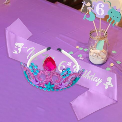 Mermaid 6th Birthday Decorations for Girls, Purple Glitter Mermaid Crown and Mermaid Sash, 20pcs Colorful Mermaid Balloons and Number 6th Birthday Foil Balloons for Girls Birthday Favors in Saudi Arabia