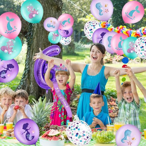 Mermaid 6th Birthday Decorations for Girls, Purple Glitter Mermaid Crown and Mermaid Sash, 20pcs Colorful Mermaid Balloons and Number 6th Birthday Foil Balloons for Girls Birthday Favors in Saudi Arabia
