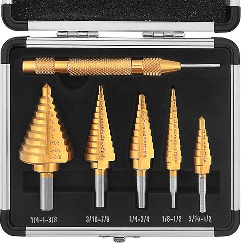 مجموعة رؤوس مثقاب متدرجة مكونة من 6 قطع، رؤوس مثقاب متدرجة 50 مقاسًا من Unibit Titanium HSS مع ثقب مركزي تلقائي إضافي للمعادن والألمنيوم والخشب والبلاستيك، مع علبة من الألومنيوم in Kuwait