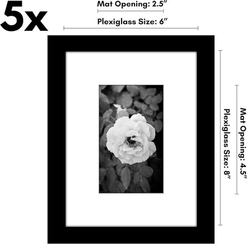 Americanflat 5x6 Picture Frame with Polished Plexiglass - Set of 5 - Use as 2x3 Frame with Mat or 5x6 Frame Without Mat - Galleria Collection - Gallery Frames for Tabletop and Wall Display - Black in Saudi Arabia