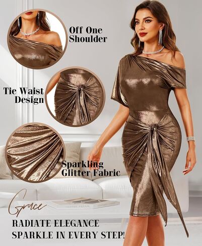 VIDUSSA Sparkly Glitter Dress for Women - One Shoulder Ruched Party Cocktail Tie Waist Bodycon Dresses in Saudi Arabia