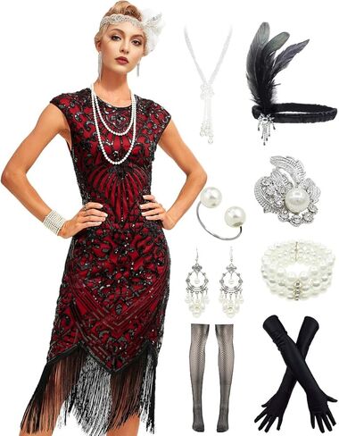 Womens Flapper Dress w/Cap Sleeves Art Deco Sequin Beaded Fringe 1920s Great Gatsby Party Dress w/Accessories Set in Kuwait