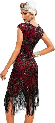 Womens Flapper Dress w/Cap Sleeves Art Deco Sequin Beaded Fringe 1920s Great Gatsby Party Dress w/Accessories Set in Kuwait