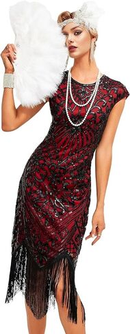 Womens Flapper Dress w/Cap Sleeves Art Deco Sequin Beaded Fringe 1920s Great Gatsby Party Dress w/Accessories Set in Kuwait