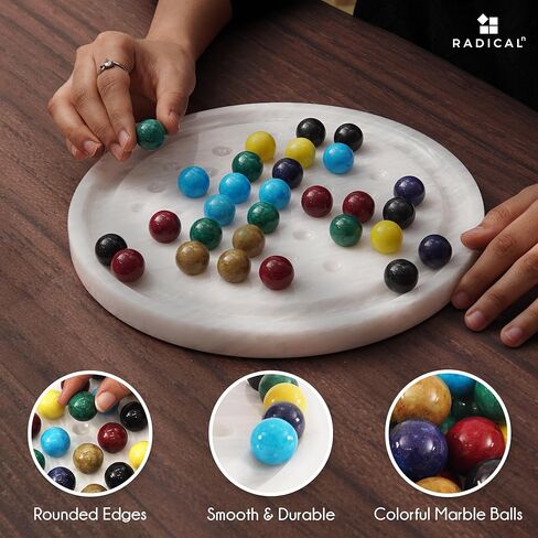 ألعاب لوحية مستديرة مصنوعة يدويًا من راديكالن ماربل سوليتير أبيض مقاس 25.4 سم، ديكور المنزل والمكتب مع 42 كرة رخامية - 2 لاعبين ألعاب ذهنية وألعاب ممتعة للبالغين in Kuwait