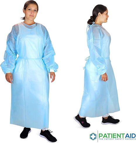 مساعدة المرضى، 20 حزمة من ملابس الوقاية الشخصية العازلة التي يمكن التخلص منها، مسجلة لدى إدارة الغذاء والدواء، المستوى 2، PP+PE، 40 جرامًا للمتر المربع، ربطة عنق مزدوجة كاملة الظهر، 55 بوصة طول، جودة المستشفى in Kuwait