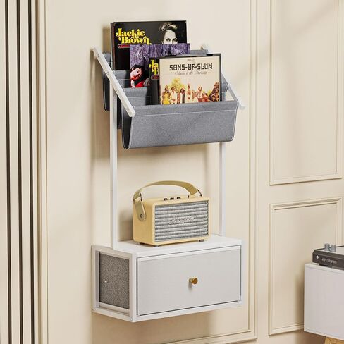 Wall Mounted Floating Nightstand, Floating Bedside Table with 3-Tier Vinyl Record Wall Mount, Vintage Natural Wood Floating Shelf for Living Room, Bedroom, Office (Black) in Kuwait