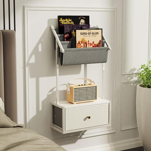 Wall Mounted Floating Nightstand, Floating Bedside Table with 3-Tier Vinyl Record Wall Mount, Vintage Natural Wood Floating Shelf for Living Room, Bedroom, Office (Black) in Kuwait