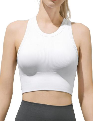 Women's Seamless Ribbed High Neck Sports Bra - Removable Padded Yoga Tank Tops Fitness Workout Running Crop Tops in Saudi Arabia