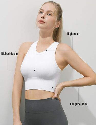 Women's Seamless Ribbed High Neck Sports Bra - Removable Padded Yoga Tank Tops Fitness Workout Running Crop Tops in Saudi Arabia