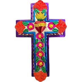 Casa Fiesta Designs Embossed Tin Cross - Mexican Folk Art Wall Decor - Handmade in Mexico - Milagros Charm - Sacred Heart Ornament - Mexican Art - 8.5" x 5.5" Cruz de Metal 20cm (M)