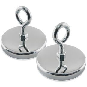 Master Magnetics Round Base Magnet with Eyebolt - 2.65" Diameter, 2.125" Total Height, 65 Pound Pull, Chrome, Pack of 2, RB70EBX2