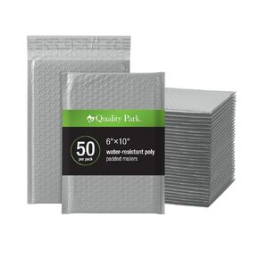 Quality Park Bubble Mailers, 6" x 9", Gray Poly Mailers, Padded Envelopes, Shipping Bags, Water Resistant, Self Seal, 50 Per Box (QUA85911)
