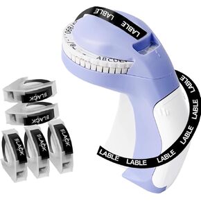 Embossing Label Maker with 5 Label Tapes, 3D Embosser Handheld Label Machine, Portable Vintage Embossed Label Printer with 5 Rolls Emboss Tapes for Office Home Organization and DIY Crafting（Purple）