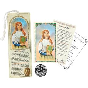 St Dymphna Prayer Card - with Book Mark, One Day at A Time Pocket Token Coin, The Lord's Prayer | Catholic Patron Saint of Anxiety, Emotional Disorders, Stress, Mental Problems | 4 Items in Set