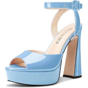 Womens Chunky Block High Platform Heel Peep Open Toe Sandals Ankle Strap Buckle Prom Dress Patent Leather 5.1 Inches Heels