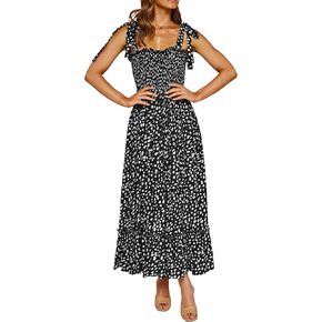 R.Vivimos Women's Summer Straps Cotton Irregular Polka Dot Ruffles Midi Dress