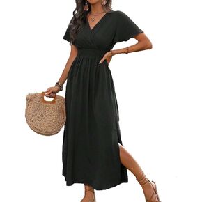 Womens Wrap Double Split Short Sleeve Maxi Summer Dress V Neck Casual Flowy A Line Long Dress