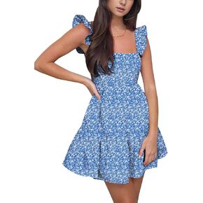 Relipop Women Casual Mini Dress with Pocket Frill Tiered Short Dresses Square Neck Ruffle Sleeve Sundress A Line Summer Dress