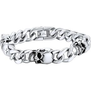 ChainsHouse Stainless Steel Mens Curb Chain Bracelet with Skull, 18K Gold Plated/Black Stainless Steel Cuban Bracelet, Biker Gothic Punk Jewelry